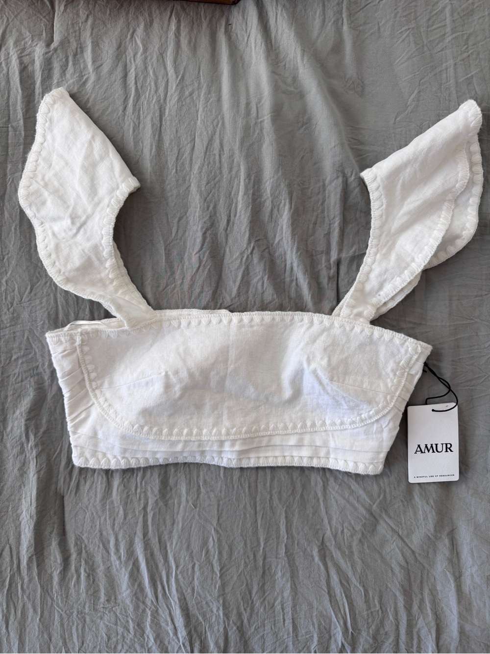 AMUR White Linen Blend Crop Camisole with Ruffled Straps